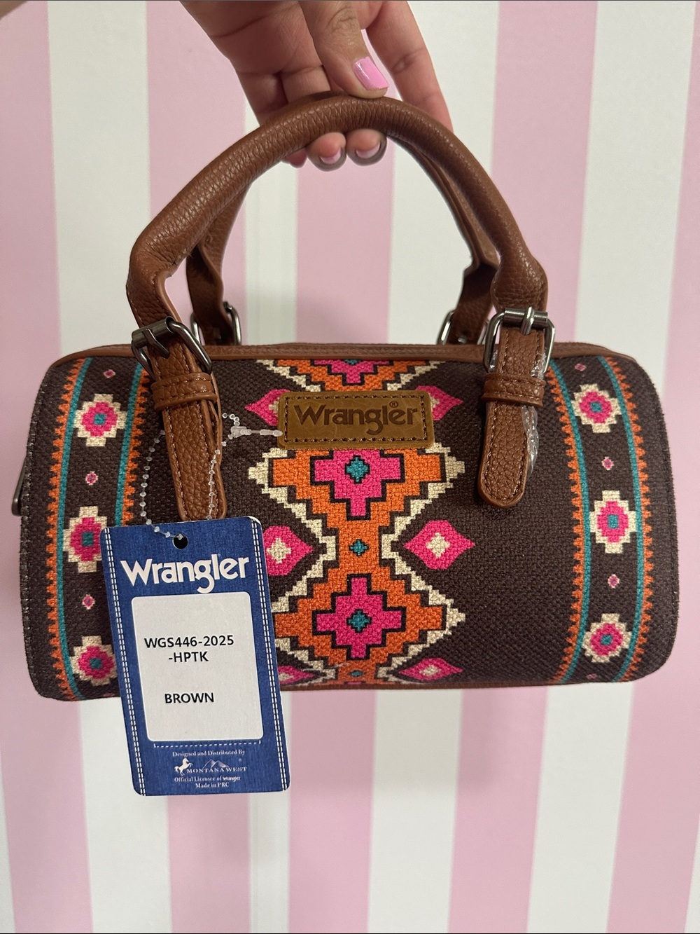 Wrangler Brown Handheld Aztec-Pattern Satchel with Pink and Orange Accents